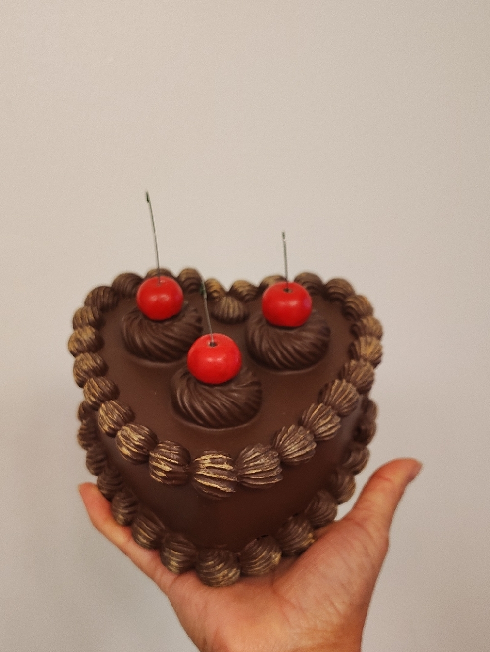 Heart-Shaped Chocolate Cake Faux Decor with Red Cherries